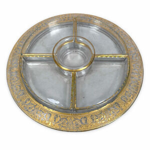 Vintage Art Deco 5 Piece Divided Serving Dish 12.5" Clear Glass with Gold Trim